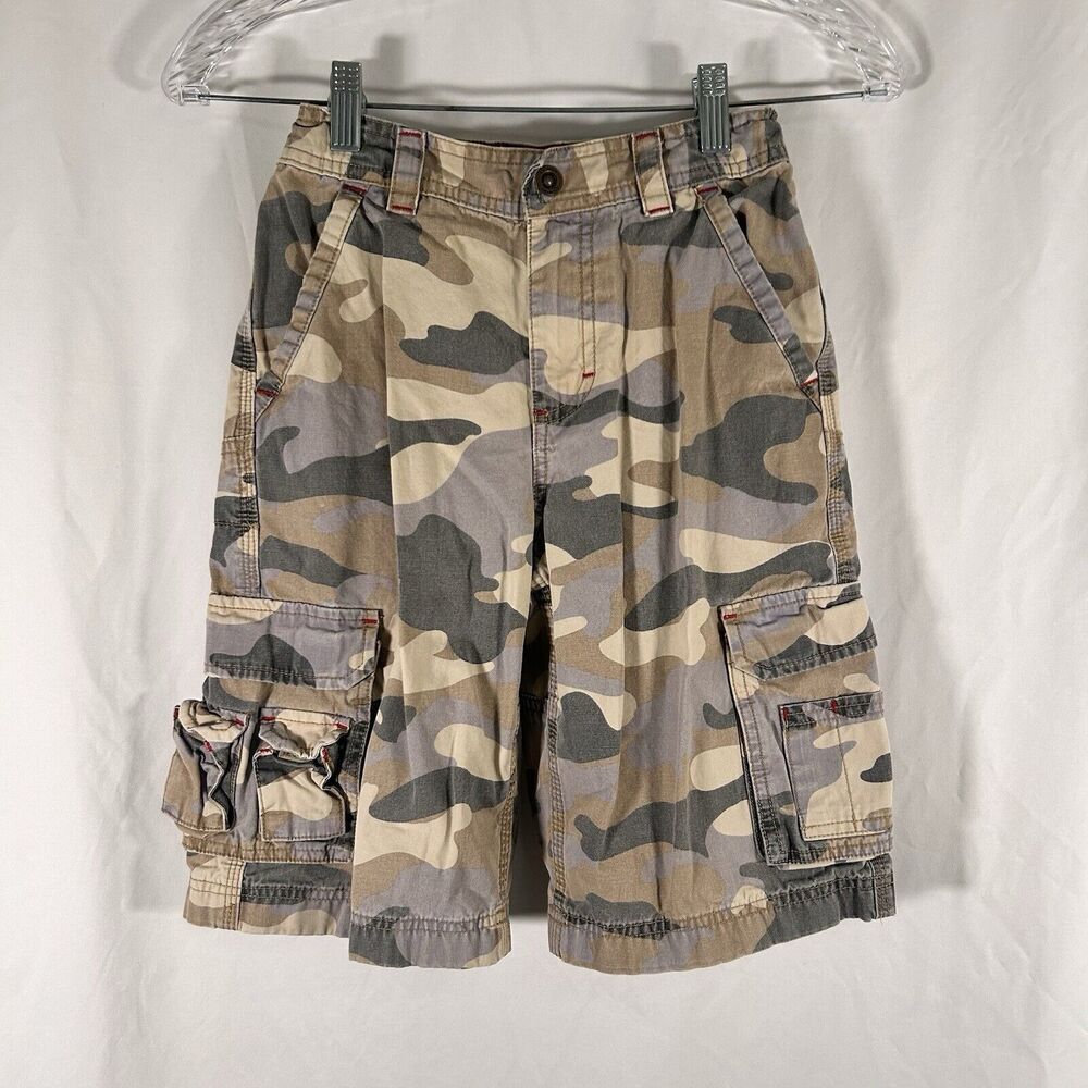 LL Bean Camo Cargo Shorts Boys 10 Tan Hook Eye Snap Zip Adjustable 100% Cotton
